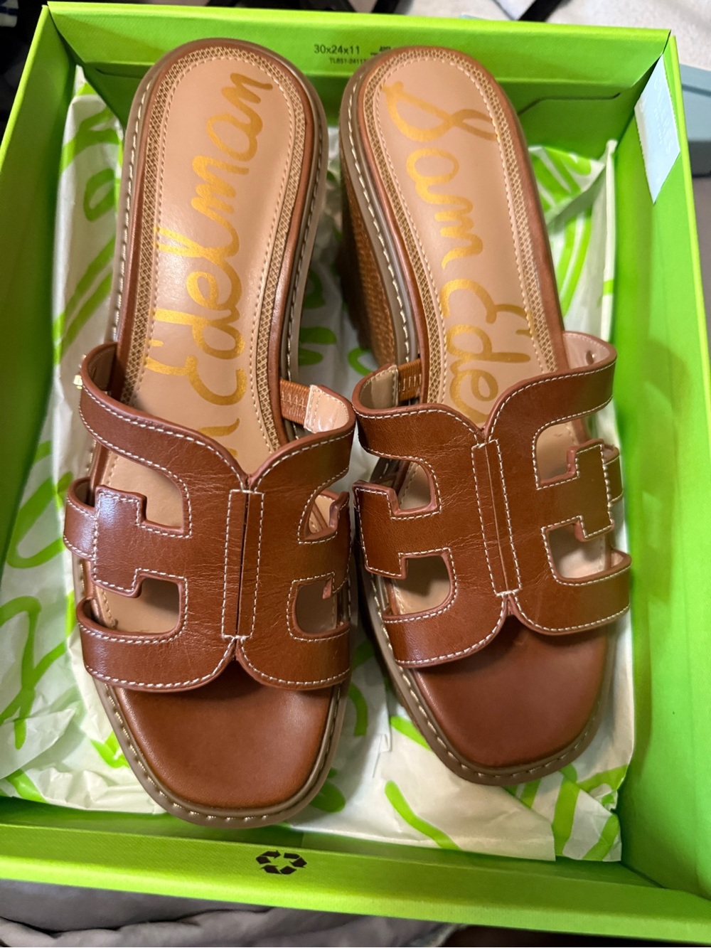 Sam Edelman Tan Leather Open-Toe Wedge Slides